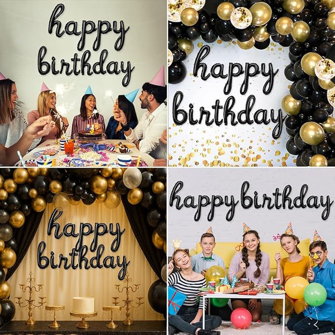 Black Happy Birthday Balloons Banner | Script/Cursive Silver Letter Balloon Sign for Birthday Party Decor/Decoration | Foil Mylar Happy Birthday Banner