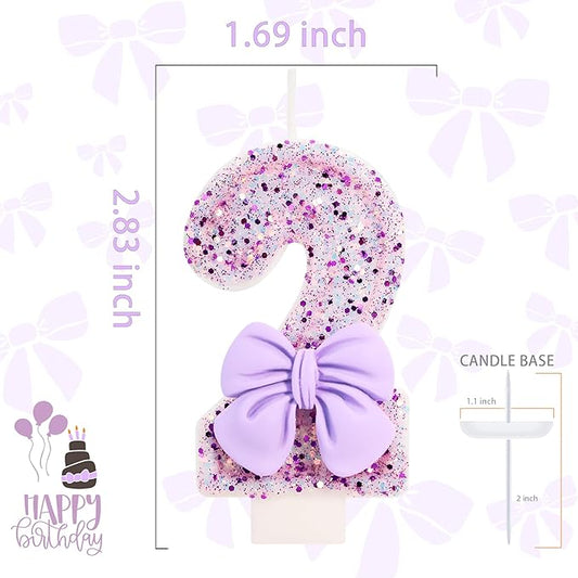 Birthday Candle for Cake, 2 Candle - Purple Glitter with Bowknot, 2.76 inch Cake Topper Decoration for Two Years Old Birthday Party (Number 2)