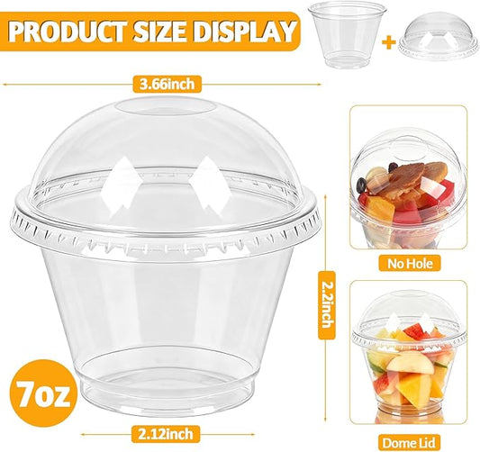 100 Sets 7oz Clear Plastic Cups with Dome Lids (No Hole), Disposable Dessert Cups for Fruit, Parfait, Pudding, Yogurt, Ice Cream, Snack, PET