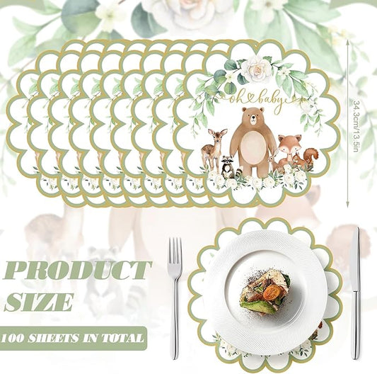 100 Pcs Woodland Baby Shower Decorations 13.5" Scalloped Woodland Animals Paper Placemats Disposable Jungle Animals Table Place Mats for Wild Animal Birthday Party Supplies