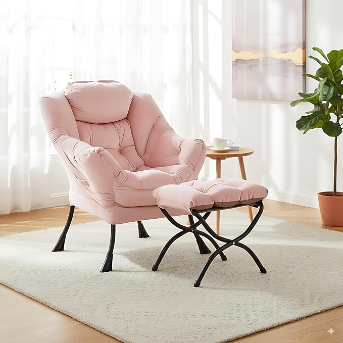 LITA Lazy Chair with Ottoman, Modern Accent Leisure Upholstered Sofa Chair, Contemporary Lounge Reading Chairs with Armrests and a Side Pocket for Living Room, Bedroom & Small Space, Pink