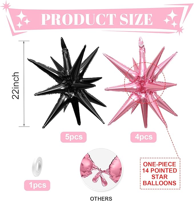 Pink Black Star Balloons,9Pcs 22Inch Black and Pink Explosion Spike Cone Helium Polyester Film Star Foil Balloons for Birthday Anniversary Baby Shower Disco Party Decorations