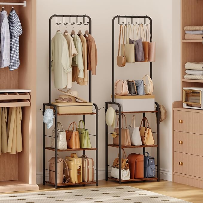Floor-Standing Purse Organizer for Closet with 5 Hangers & 6 Side Hooks, Tall Purse Rack Stand for Purse Storage, High-Capacity Handbag Organizer, Multi-Purpose Purse Storage Organizer for Small Place