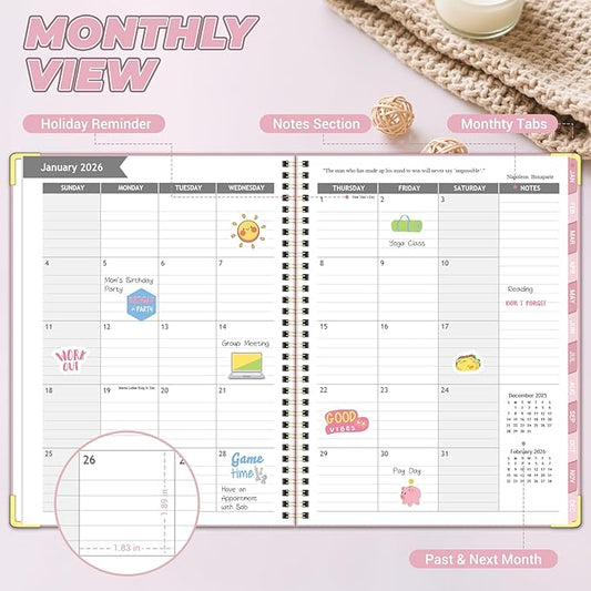 Daily Planner 2026 (8.5" x 11") - Weekly & Monthly Planner (Jan. 2026 - Dec. 2026), Column View Calendar Organizers, Hardcover Agenda Book with Tabs for Office & School, Pink