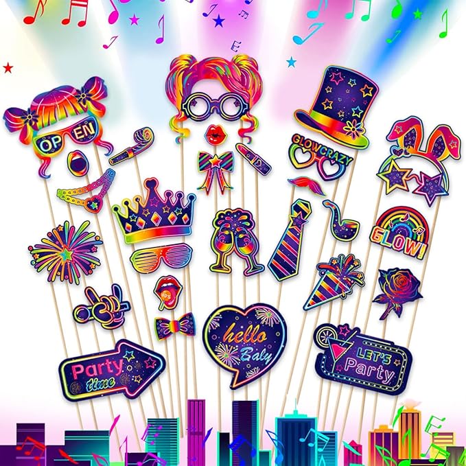 25pcs Glow Neon Photo Booth Props with Sticks | Let's Glow Themed Party Supplies for Birthday, Disco, Black Light & Neon Glow Parties | 25 Designs (Hats, Glasses, Balloons & More)