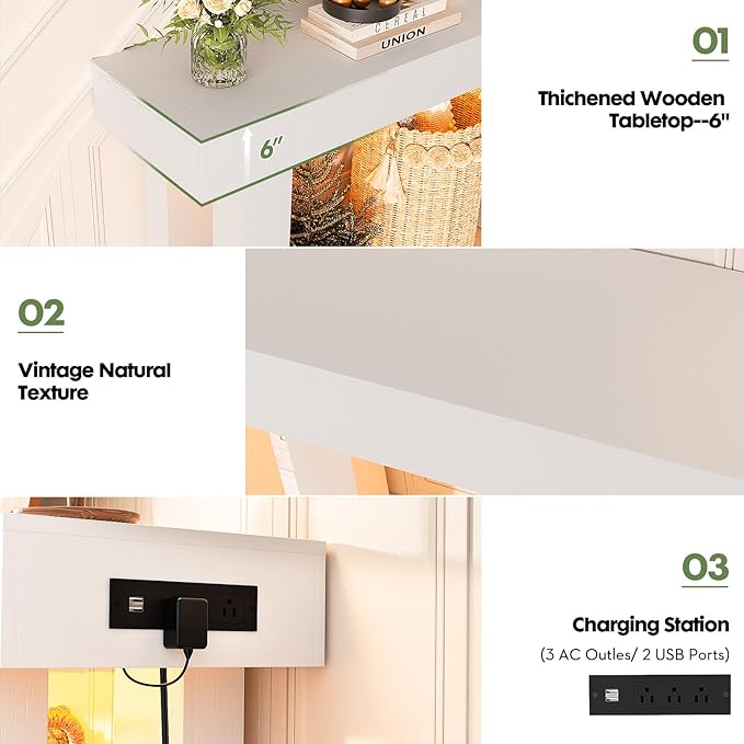 Unikito 47" Entryway Table with Socket and Sensor Light, Narrow Console Table with Storage Behind Couch, Farmhouse Entry Way Tables with Open Storage for Entrance/Hallway/Living Room, White
