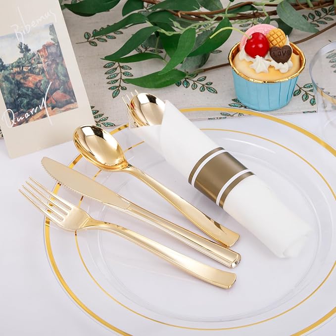 DaYammi 350PCS Clear Gold Plastic Dinnerware Set for 50 Guests, Christmas Plates Disposable, Include: 50 Dinner Plates, 50 Dessert Plates, 50 Pre Rolled Napkins with Gold Silverware, 50 Cups