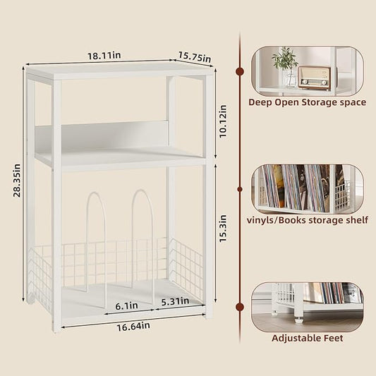 LELELINKY Large White Record Player Stand, 3 Tier 18" Wide Big End Table with Vinyl Storage Up to 130 Albums, Industrial Turntable Printer Tables, Modern Side Tables for Living Room, Bedroom, Office