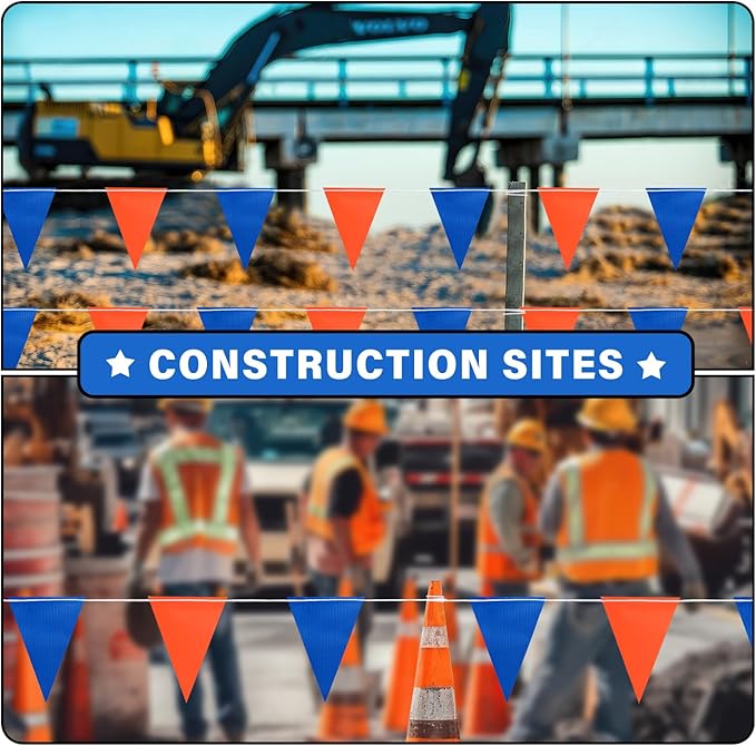 105ft Pennant Banner Flag, 7"x10" Fluorescent Orange and Blue Safety Flagging Banner Warning Flag for Construction Site/Traffic Control/Boundary Barrier Signs, Perimeter Marking Flags on String, 45 Flags