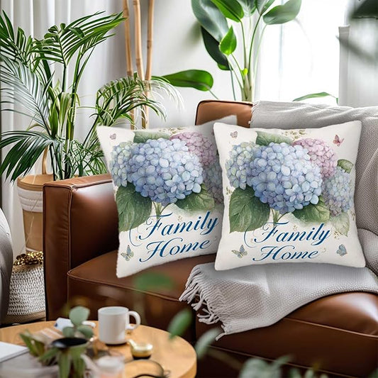 Hydrangea Throw Pillow Covers Set of 2 | 18x18 Inches Cushion Cases for Couch, Sofa, Bedroom and Living Room | Floral Pillowcases for Home Decoration
