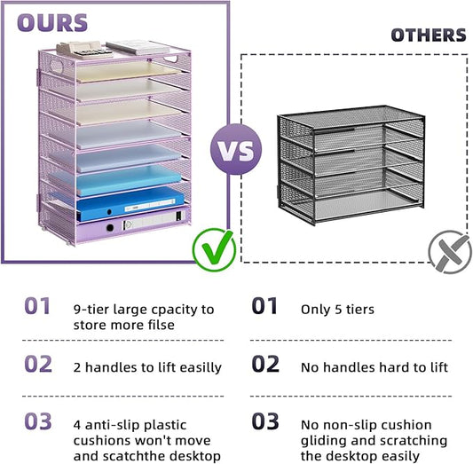 Marbrasse Paper Organizer Letter Tray, 9 Tier Mesh File Organizer with Handle, Paper Sorter Desk Organizer for Home Office Supplies - Purple