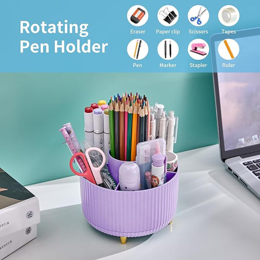 Marbrasse Desk Organizer, 360-Degree Rotating Pen Holder, Desk Organizers and Accessories with 5 Compartments Pencil Holder, Art Supply Storage Box Caddy for Office, Home(Purple)