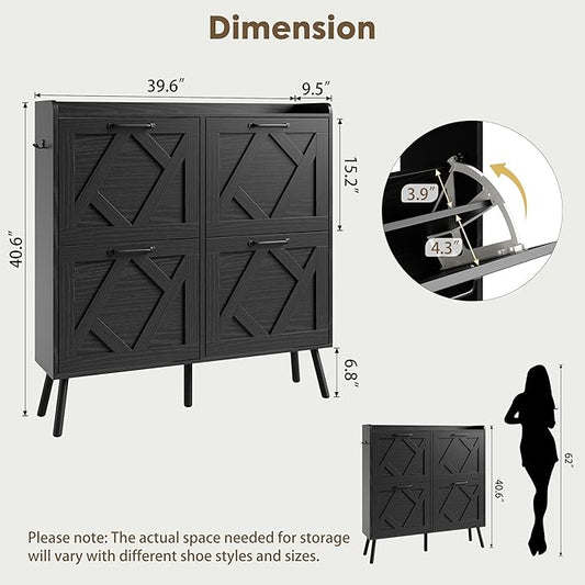 Nicetree Shoe Cabinet, Shoe Storage Cabinet for Entryway, Farmhouse Narrow Shoe Rack Cabinet with Metal Legs, Foyer, Hallway,4 Flip Drawers,Black