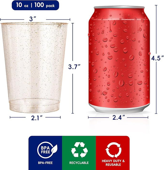 JOLLY CHEF 100 Pack 10 oz Gold Plastic Cups, Disposable Gold Glitter Cups, Clear Plastic Tumblers Perfect for Weddings, Christmas & Parties
