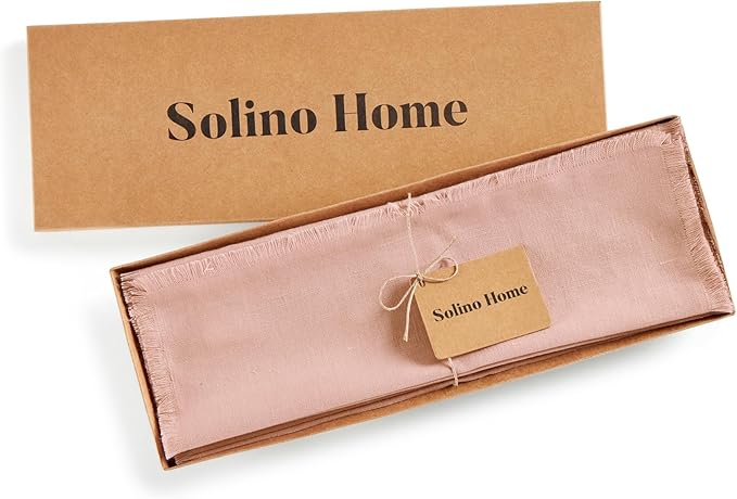 Solino Home Fringe Linen Placemats Set of 4 - Misty Pink Placemats 14 x 19 Inch - 100% Pure Linen Table Mats