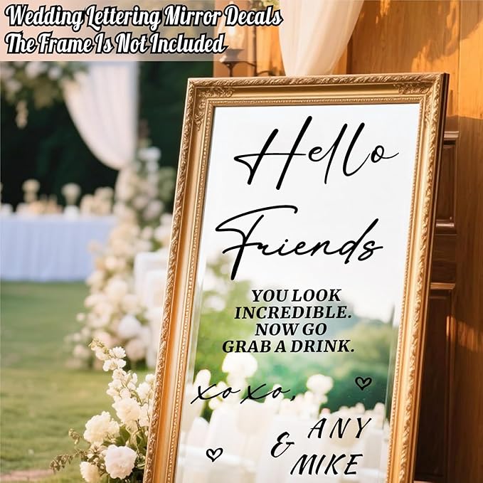 Custom Name Wedding Mirror Decals Welcome to Our Wedding Signs for Glass Mirror DIY Names Vinyl Letters Weddings Stickers Removable Hello Friends Sign for Party Reception Display Marriage Decoration