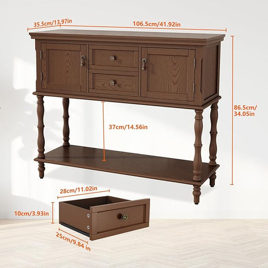 ARTPOWER Console Table for Entryway, Retro Wooden Entryway Table with Storage, with 2 Door & Drawers and Open Shelf, Behind Couch Sofa Table for Living Room, Foyer, Hallway, Brown