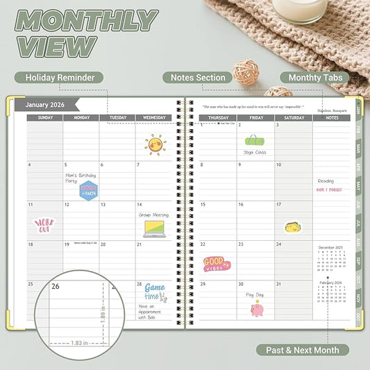 Daily Planner 2026 (8.5" x 11") - Weekly & Monthly Planner (Jan. 2026 - Dec. 2026), Column View Calendar Organizers, Hardcover Agenda Book with Tabs for Office & School, Green