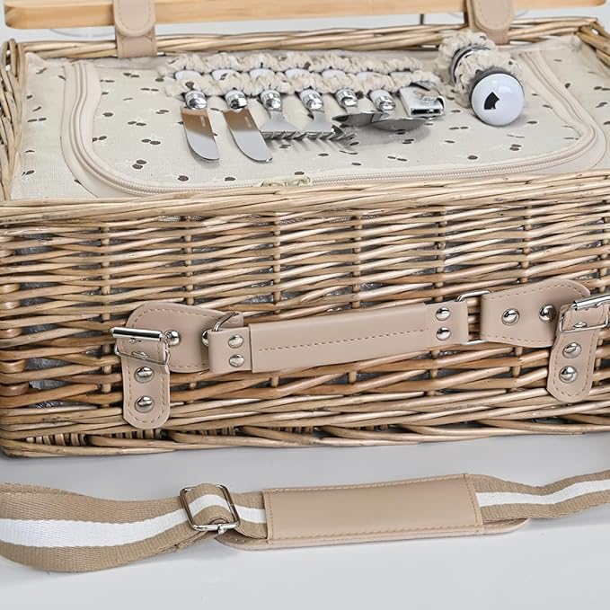 Multifunctional Wicker Picnic Basket Set for 4 with Blanket and Picnic Table, Insulated Picnic Set with Full Tablewares for Camping Outdoor Couples,Cherry