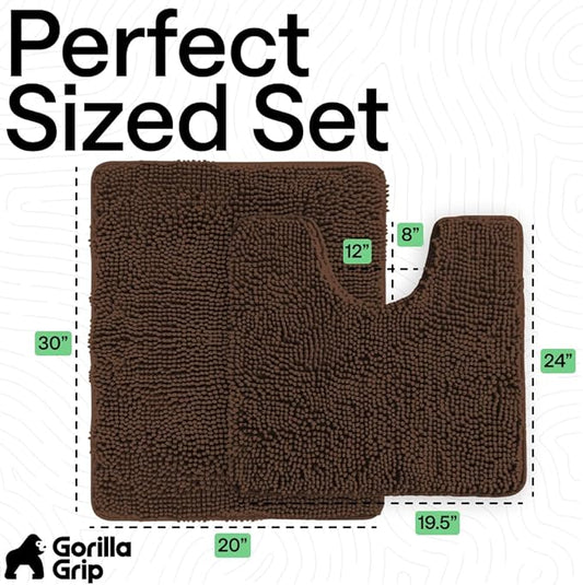 GORILLA GRIP Bathroom Rug Sets, Soft Chenille 2 Piece Area Rugs Set, Toilet Base Mat and 30x20 Carpet, Absorbent Microfiber Washable Mats Dry Quickly, Home Decor and Bath Room Accessories, Brown