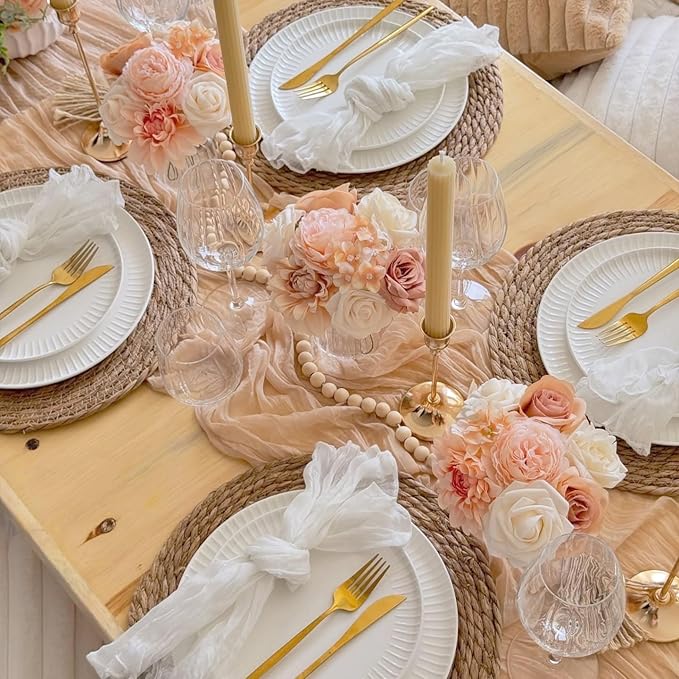 10 Pack Champagne Cheesecloth Table Runner 35x120 Inches, Boho Gold Cheese Cloth Table Runner 10FT Boho Sheer Gauze Runner for Bridal Shower Wedding Baby Shower Party Decor