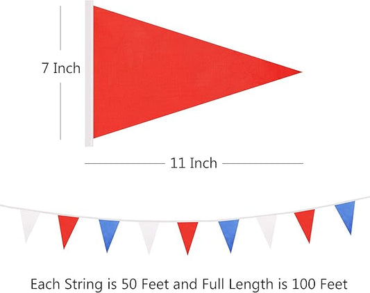 100 Ft Pennant Banner Flag, 60 Pcs String Hanging DIY Bunting Flags for Wedding, Birthday, General Celebrations, Outdoor & Indoor Decorations (White Red Dark Blue, 11x7 Inches)
