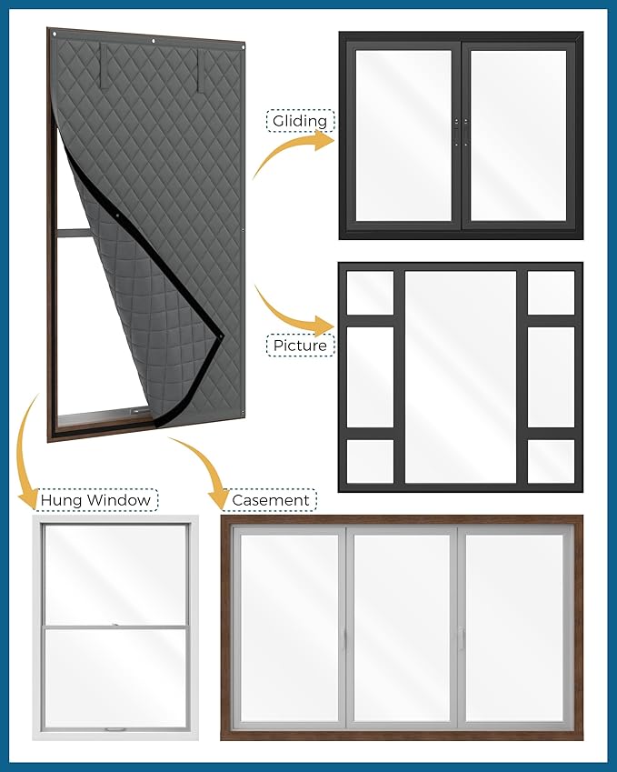2 Pack Window Insulation for Winter, Curtain Size 38 x 62 Inch, Thermal Insulated Window Cover with Oxford Cloth Thicken Cotton Filled, Fits up to 3 x 5 Ft Windows , Grey