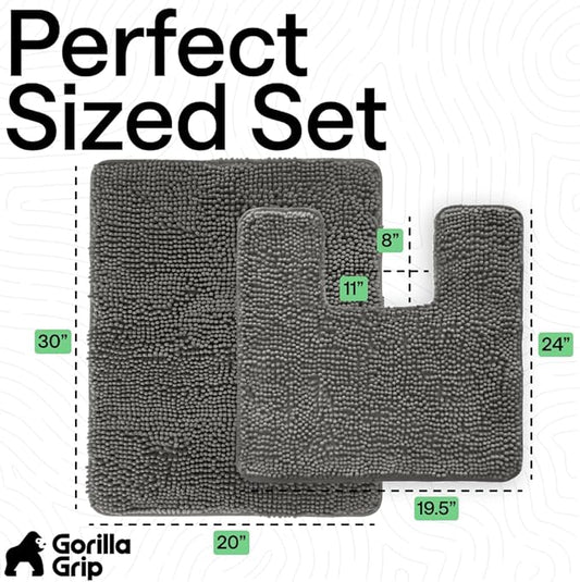 GORILLA GRIP Bathroom Rug Sets, Soft Chenille 2 Piece Area Rugs Set, Toilet Base Mat and 30x20 Carpet, Absorbent Microfiber Washable Mats Dry Quickly, Home Décor and Bath Room Accessories, Charcoal