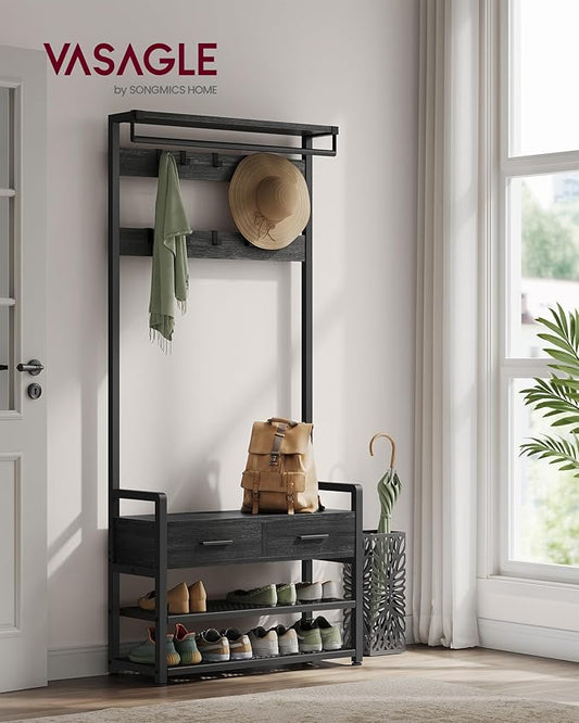 VASAGLE Hall Tree with Bench and Shoe Storage, Entryway Coat Rack with Shoe Bench, 2 Fabric Drawers, 10 Hooks, 11.8 x 31.7 x 71.5 Inches, Stone Gray and Ink Black UHSR429B04