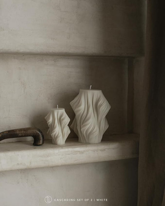 LAWA Cascading Wave Candle - Large Beautiful Handmade Pillar Scented Soy Wax Elegant Bubble Aesthetic Candle Housewarming Gift Home Room Shelf Decor Idea White (Set of 2)