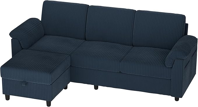 Vongrasig 79" Convertible Sectional Couches Sofa with Storage Ottoman, 3 Seat L Shaped Couch with Side Storage Pockage, Small Couches for Living Room, Apartment and Small Space, Dark Blue