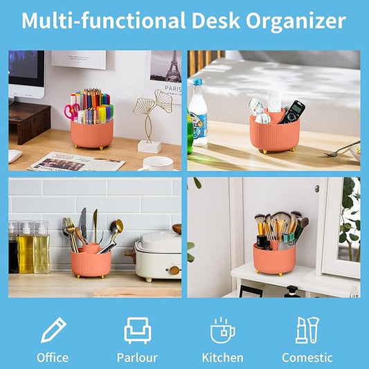 Marbrasse Desk Organizer, 360-Degree Rotating Pen Holder, Desk Organizers and Accessories with 5 Compartments Pencil Holder, Art Supply Storage Box Caddy for Office, Home(Orange)