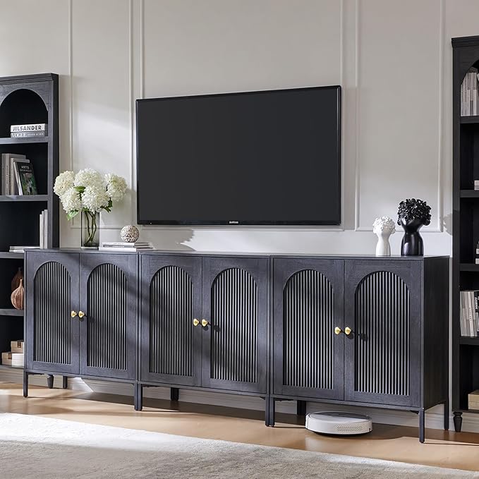 Modern Buffet Cabinet with Storage, 92.63" W Fluted Arched Sideboard Cabinet w/Adjustable Shelves, Wooden Modular Coffee Bar for Dining Room, Kitchen, Living Room, Entryway, Dark Grey