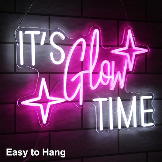 It's Glow Time Neon Sign Party Decorations Pink White Letter Neon Light Star LED Sign for Wall Celebrate Party Neon Signs for Bedroom Thanksgiving Christmas New Year Bar Decor Girl Gifts