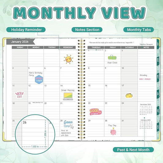 Daily Planner 2026, 8.5" x 11", Weekly & Monthly Planner from JAN.2026 to DEC.2026, Column View Calendar Organizers, Spiral Hardcover Agenda Book with Tabs for Office School Supplies, Leaves