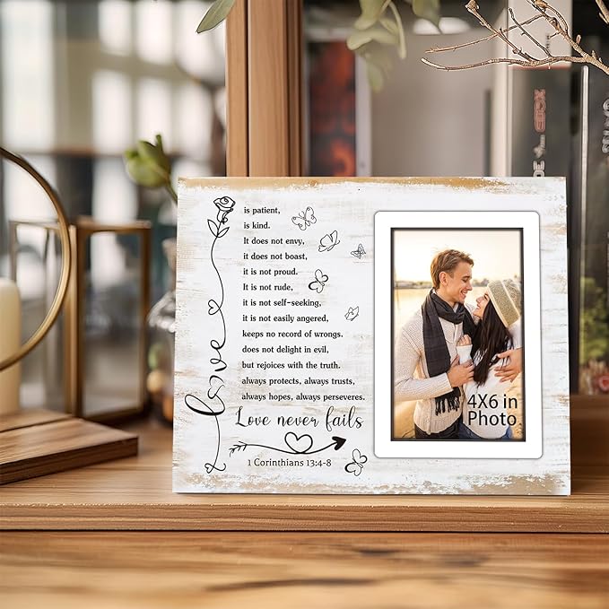 Couple Picture Frames Romantic Gifts for Her Couple Gifts for Wedding Anniversary Engagement Bridal Shower Marriage Bible Verse Love Photo Frame,Newlywed Religious Wedding Gift Wall Tabletop Decor