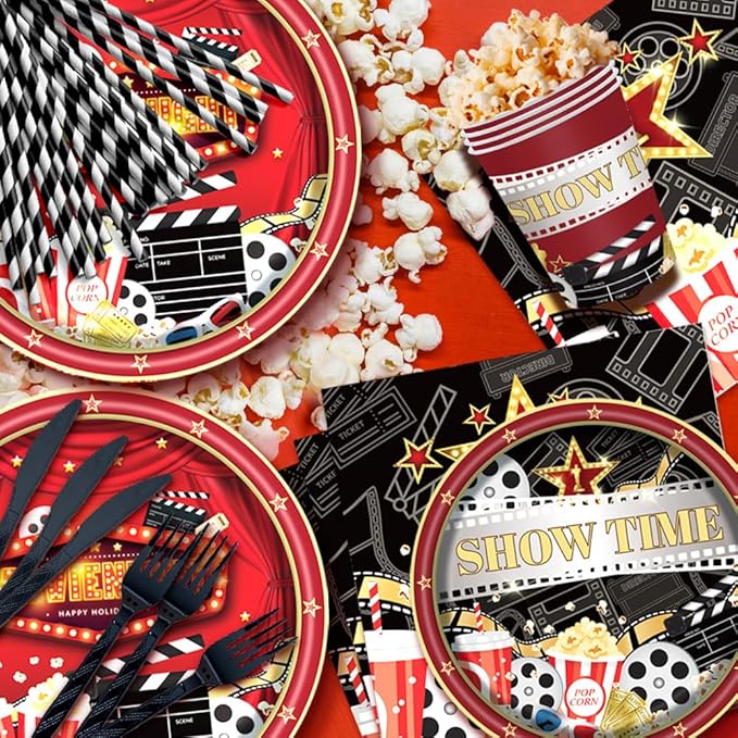168Pcs Movie Night Party Supplies Movie Theme Birthday Decorations Include Movie Star Plates and Napkins Cups Straws Cutlery Serve 24, Disposable Party Snack Tableware