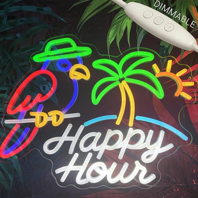 Happy Hour Dimmable Neon Sign 15.7”×12.6” with Parrot, Palm Tree & Sun, Tropical LED Wall Light for Tiki Bar, Home Bar, Beach Party Decor, USB Powered