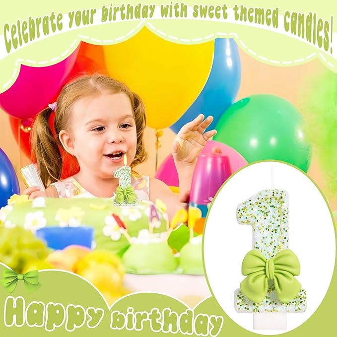 Birthday Candle for Cake, Green Bow Number Cake Candles, 2.76 inch Cake Topper Decoration for Birthday Party (Number 1)