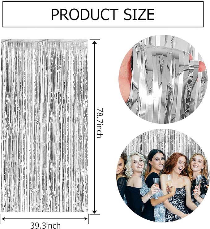5 Pack Silver Backdrop Curtain Party Decorations Foil Fringe Backdrop Silver Tinsel Streamers Birthday Bachelorette New Year Christmas Wedding Baby Shower Disco Party Decorations