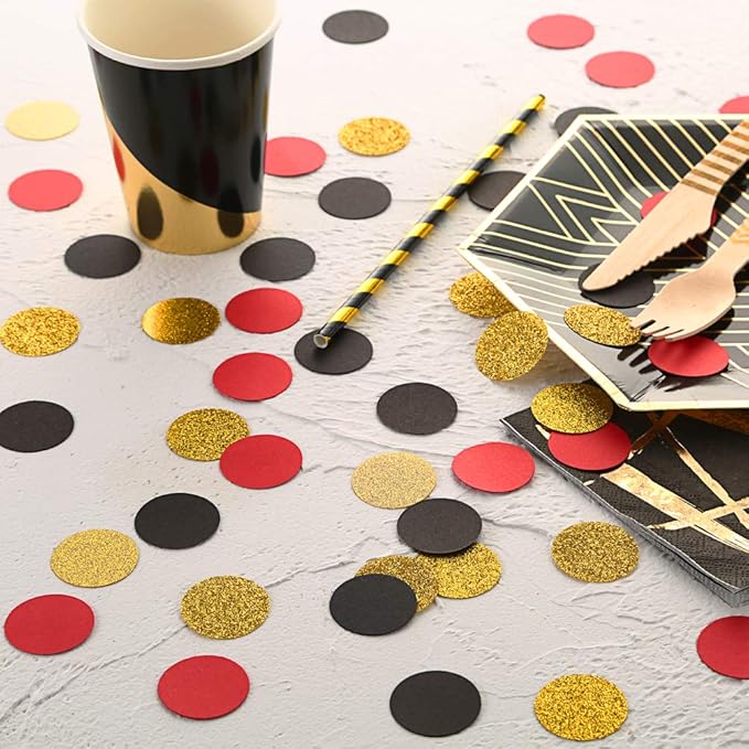 Glitter Confetti Circles Table Decoration and Wedding Party Decoration, 1.2’’ in Diameter (gold glitter, black, red,300pc)