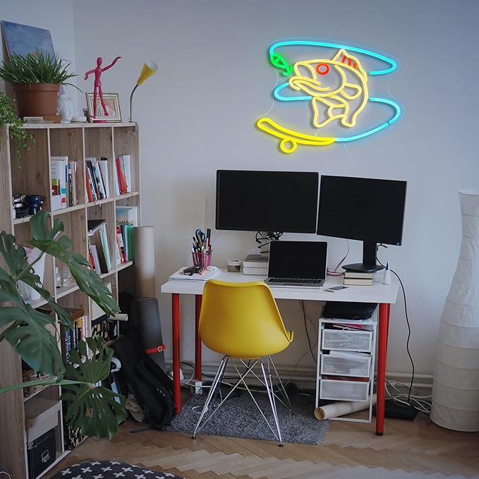 Fishing Neon Sign Dimmable Fish Neon Light for Wall Decor LED USB Powered Fishing Hook Lights for Fishing Gear Store Yacht Man Cave Living Room Boys Gifts(Multicolor 15.7‘’*12.4‘’)