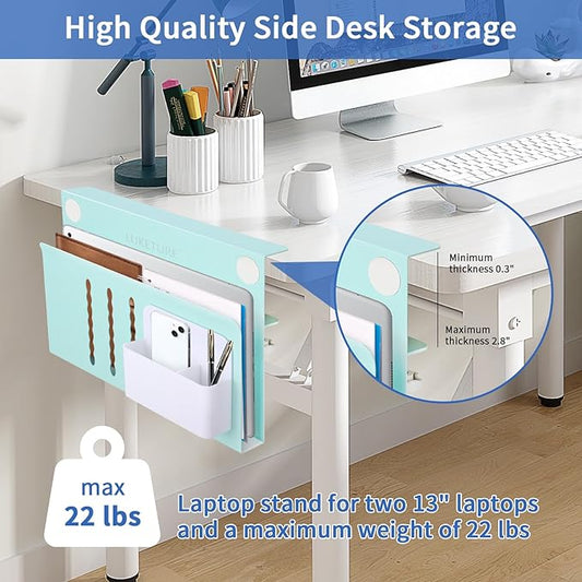 LUKETURE Desk Side Storage, Steel Side Desk Organizer, No Drill Laptop Holder, Clamp on Laptop Mount with Pen Holder, Table Hanging Storage for Home Office, Fits Flat Edge Tables 0.3" to 2.8"