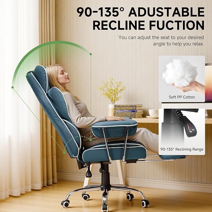 COMHOMA Big and Tall Gaming Chair with Pocket Spring Lumbar Support, Ergonomic Office Chair with Footrest, Executive Desk Chair with Outward Fixed Soft Armrests, Computer Chair with High Back, Blue