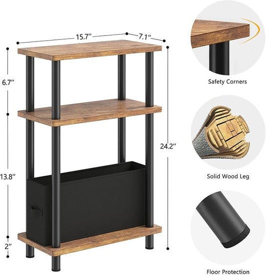 Apicizon Small Narrow Side Table, 3-Tier Skinny End Table for Small Spaces, Slim Nightstand with Fabric Basket, Bedside Table for Living Room, Bedroom, Rustic Brown and Black