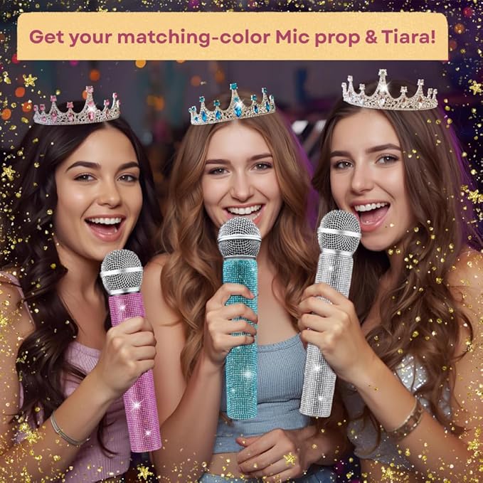 Bling Fake Microphone Prop and Crystal Tiara ā Sparkly Rhinestone Toy Mic & Crown Girls Cosplay, Princess Dress Up