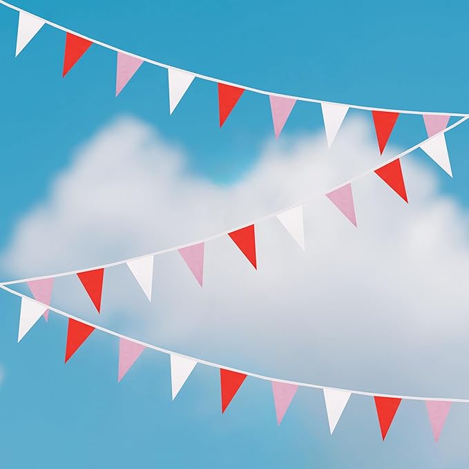 100 Ft White Red Pink Pennant Banner Flag, 60 Pcs String Hanging DIY Bunting Flags for Party, School, Birthday, Wedding, Carnival, Celebrations, Outdoor and Indoor Decorations (White Red Pink)