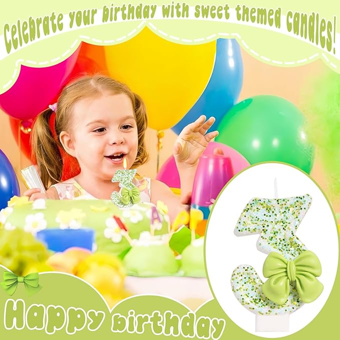 Birthday Candle for Cake, Green Bow Number Cake Candles, 2.76 inch Cake Topper Decoration for Birthday Party (Number 3)