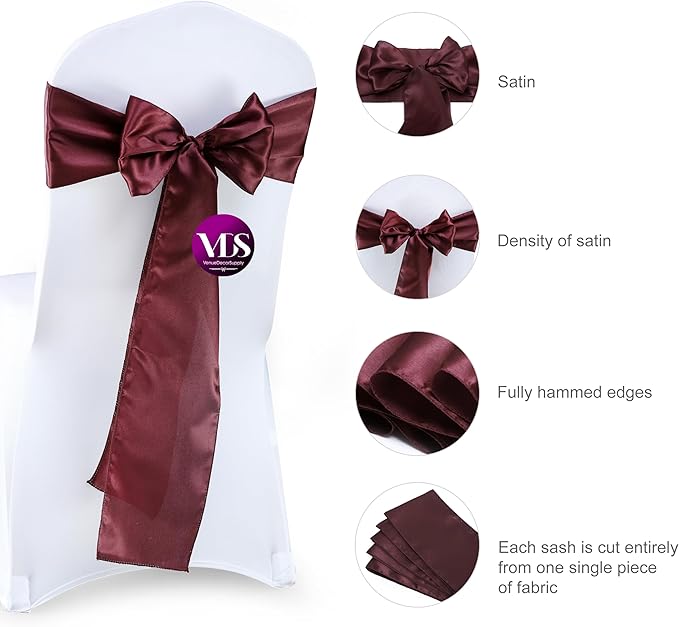 VDS Satin Chair Sashes Chair Cover Back Tie Sateen Bows Ribbon for Wedding Birthday Graduation Engagement Ceremony Event Party Banquet Venue Hotel All Dining Chair Decoration (25PC) (Burgundy)