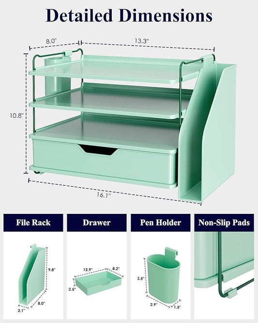 Kitsure Desk Organizer - 4-Tier Office Desk Accessories with Drawer & Pen Holder, Tool-Free Assembly Organizer with Non-Slip Pads, for Office Supplies Storage, Plastic, 13.3" x 8.0" x 10.8", Green